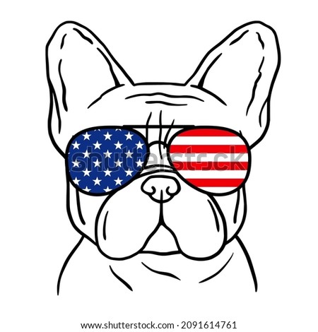 French bulldog black and white hand drawn portrait. French bulldog face in line. Dog head with sunglasses and USA Flag print. Cute muzzle French Bulldog.