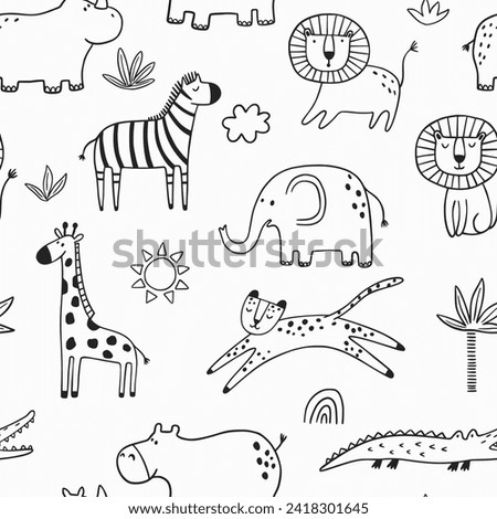 Vector seamless pattern with cartoon safari jungle animals zebra, lion, elephant, crocodile, giraffe, leopard, rhinoceros, hippopotamus. Hand draw cute animals in sketch style. Doodle style line art.