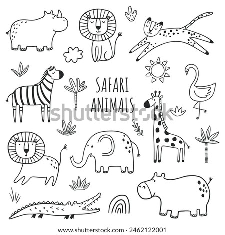 Set of safari animals. Outline hand drawn safari jungle animals zebra, lion, elephant, crocodile, giraffe, leopard, rhinoceros, hippopotamus. Doodle style line art.