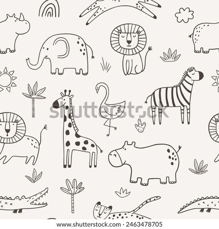 Vector seamless pattern with cartoon safari jungle animals zebra, lion, elephant, crocodile, giraffe, leopard, rhinoceros, hippopotamus.  Outline hand drawn print. Safari animals in doodl style