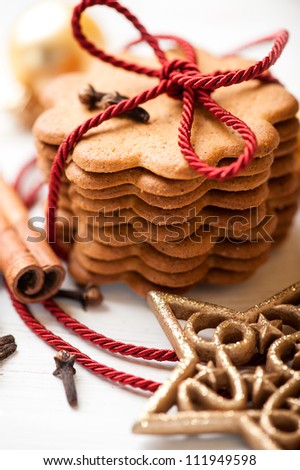 Gingerbread cookies tied with a red string