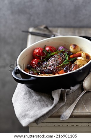 Herb roast pork with roast vegetables