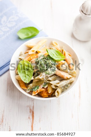 Penne with cream blue cheese sauce and spinach
