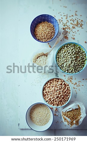 Various types of pulses, rice, quinoa and buckwheat