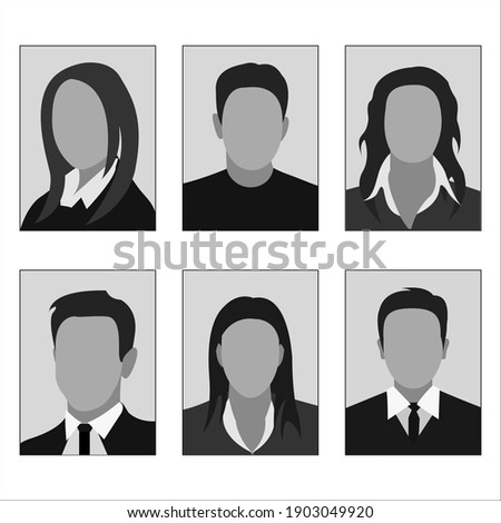 Templates of photos of men and women. Photos on the badge cards and documents. Flat design. Isolated on a white background. Vector illustration.