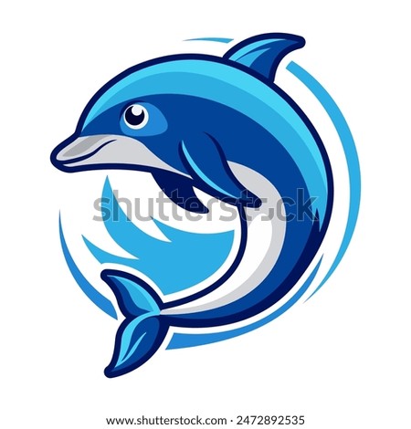 The logo with the image of a cartoon dolphin. A template for the design of stickers, clothes and souvenirs. Isolated on a white background. Vector illustration.