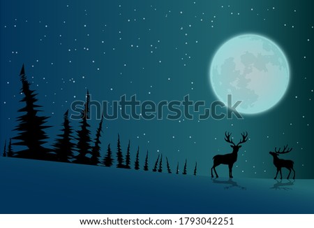 Fullmoon night lanscape with snows. Silhouette trees and animal. Vector illustration.