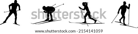 Set of silhouettes of people cross-country skiing in different positions isolated on white background. Man, woman. Black and white illustration.