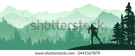 Cross-country-skiing in magical misty landscape. Mountains, forest in the background. Green illustration. Man, skiing. Horizontal nature picture, banner. 