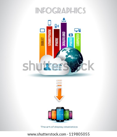 Cloud Computing concept background with a lot of icons: tablet, smartphone, computer, desktop, monitor, music, downloads and so on