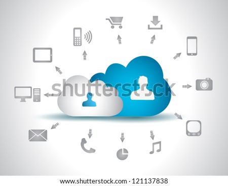 Cloud Computing concept background with a lot of icons: tablet, smartphone, computer, desktop, monitor, music, downloads and so on