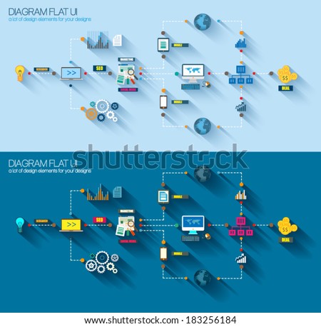 Flat Style Diagram, Infographic and UI Icons to use for your business project, marketing promotion, mobile advertising, research and analytics.