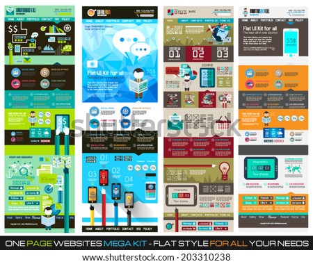 One page website flat UI design template SET 1. It include a lot of flat stlyle icons, forms, header, footeer, menu, banner and spaces for pictures and icons all in one page.