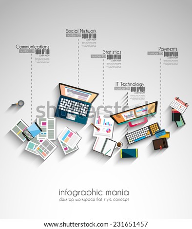 Ideal Workspace for teamwork and brainsotrming with Flat style. A lot of design elements are included: computers, mobile devices, desk supplies, pencil,coffee mug, sheeets,documents and so on