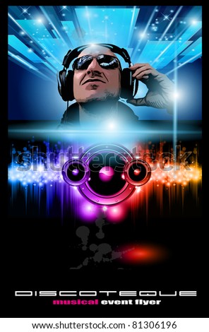 Disco Music Flyer with Disk Jockey Shape and Rainbow lights. Ready for Poster of night event.