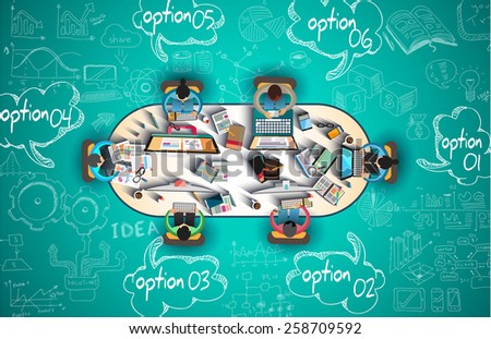Infographics Teamwork with Business doodles Sketch background: infographics vector elements isolated, . It include lots of icons included graphs, stats, devices,laptops, clouds, concepts and so on.