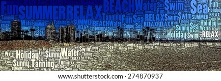 Beach and Fun illustration made of Words on order to show amazing landscapes and sunset of beaches.