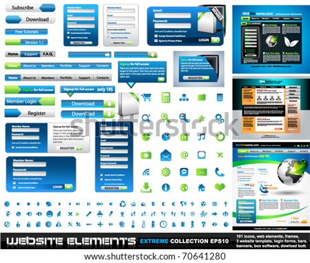 Web design elements extreme collection - 3 web templates,frames, bars, 101 icons, bannes, login forms, buttons.