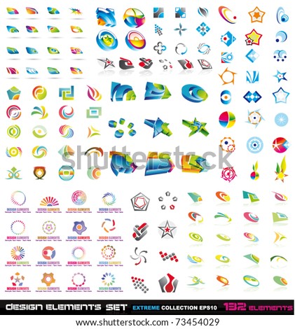 Big Logo collections set: Abstract Design Elements 2D and 3D set with 132 colorful pieces with a big variety of shapes.