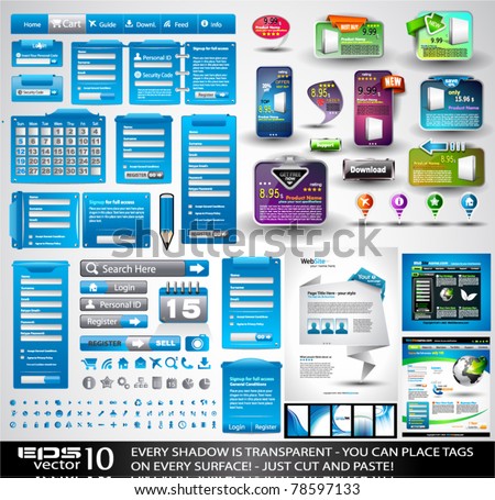 Web Stuff EXTREME Collection: 3 Full websites,hundreds of icons,headers,footers,login forms, paper tag with transparent shadow,stickers,business cards and so on