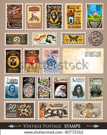 Collection of Vintage Postage Stamps with Various Themes and prices. Empty  distressed postcards and rubber stamps are included