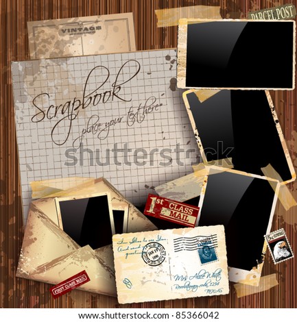 Vintage scrapbook composition with old style distressed postage design elements and antique photo frames plus some post stickers. Background is wood.