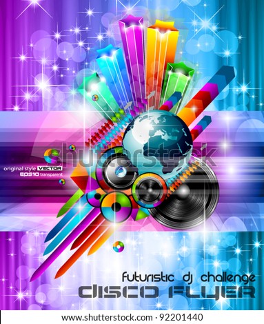 Poster Background for music international disco event with rainbow colours, abstract design elements and a lot of stars!