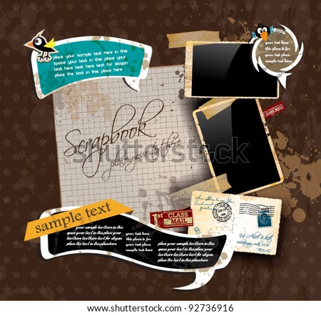 Vintage scrapbook composition with old style distressed postage design elements and antique photo frames plus some post stickers. Background is wood.