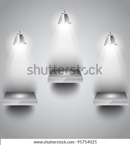 Shelf with LED spotlights with delicate look on a grey gradient wallpaper. Shadows are transparent.