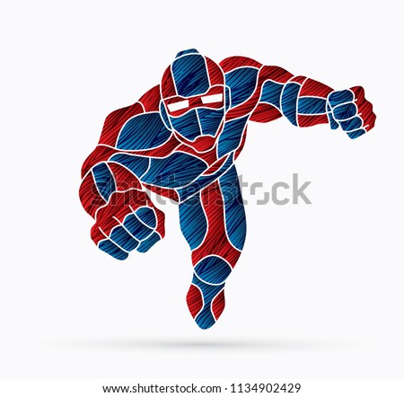 Superhero Robot flying action, Cartoon superhero graphic vector.