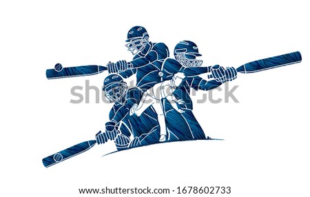 Group of Cricket players action cartoon sport graphic vector.