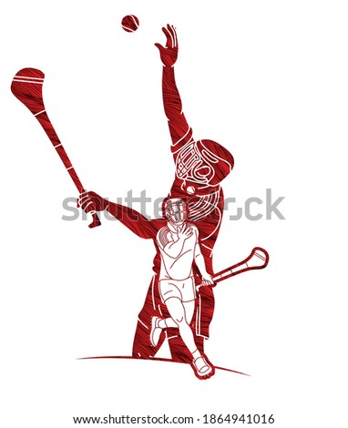 Group of Hurling sport players action. Irish Hurley sport cartoon graphic vector.