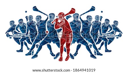 Group of Hurling sport players action. Irish Hurley sport cartoon graphic vector.