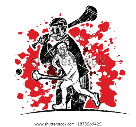 Group of Hurling sport players action. Irish Hurley sport cartoon graphic vector.