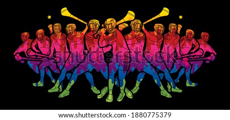 Group of Hurling sport players action. Irish Hurley sport cartoon graphic vector.