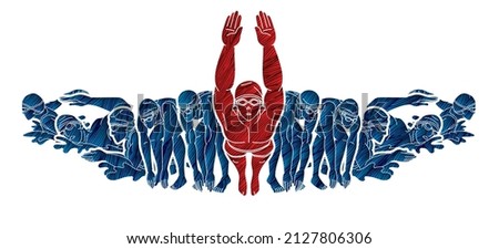 Group of People Swimming Together Swimmer Action Cartoon Sport Graphic Vector