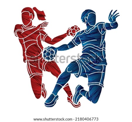 Group of Handball Players Male and Female Mix Action Cartoon Sport Graphic Vector