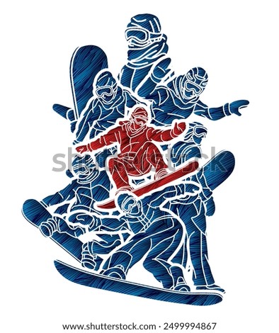 Extreme Sport Snowboard Players Mix Action Graffiti Snowboarder Cartoon Graphic Vector