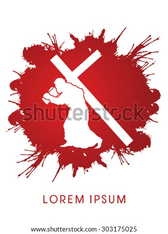 Silhouette, Jesus Christ carrying cross, on grunge splash blood background, graphic vector