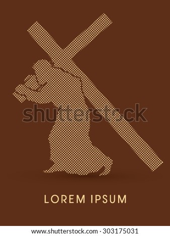 Silhouette, Jesus Christ carrying cross, designed using square dot, graphic vector