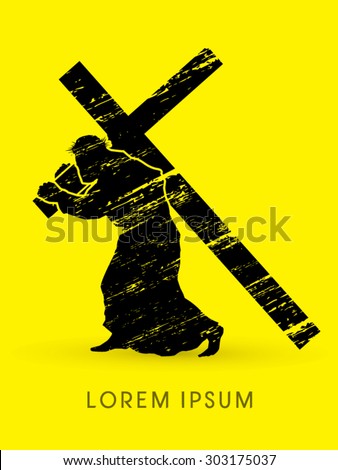 Silhouette, Jesus Christ carrying cross, designed using grunge graphic vector