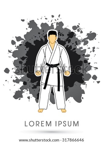 Karate suit with black martial arts belts on grunge splash background graphic vector.