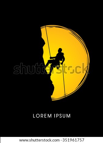 Silhouette Man climbing on a cliff, designed  on moonlight background graphic vector.