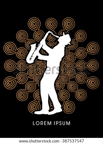 Man playing saxophone, designed on fireworks background graphic vector.
