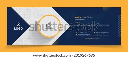 horizontal professional business email signature template vector file with photo place, blue background custom mail, orange shape design for company or corporate