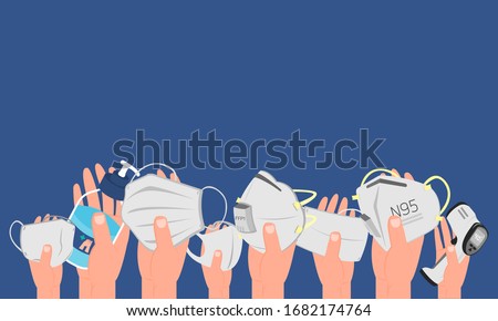 Hands holding different types of face mask amd medical equipment on blue background, prevent the spread of viruses. Flat design