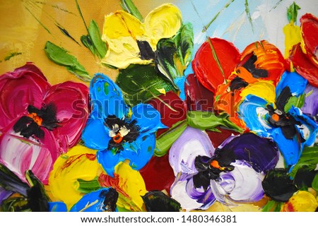 Fragment of an oil painting. Drawn bright multi-colored flowers. Abstract colorful background ストックフォト © 