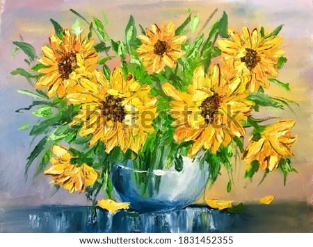 Oil painting yellow flowers. sunflowers in a vase. Yellow oil paints. Artistic colorful painting on canvas. hobby drawing. Painting canvas handmade