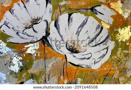 Oil painting on canvas. white large poppies, white flowers on an orange background. Colorful acrylic interior painting. Drawing and painting lessons
