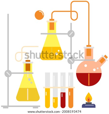 Lab Chemistry Kit includes Bigger, Stand, Red and Yellow Chemical, volume metric flash, test tube, burner, flame burner, bubble chemical in laboratory , vector chemical , laboratory chemical vector